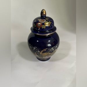 Ginger Jar With Lid Cobalt Blue Peacock Gold & Flowers